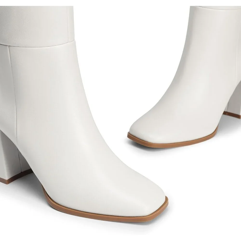 Women's White Faux Leather Thigh High Block Chunky Heeled Knee High Long Boots